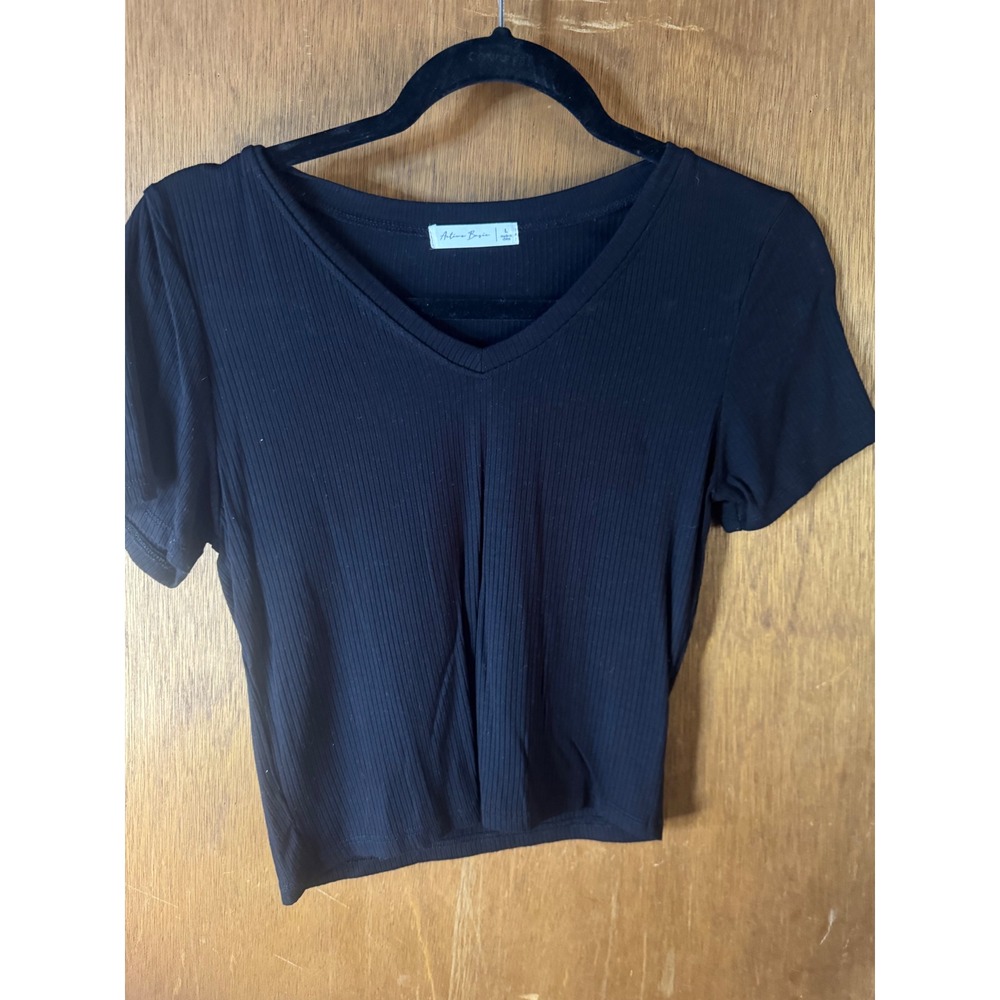Active Basic Womens Black Ribbed V-Neck Short Sleeve Top T12069C L